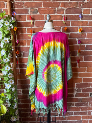 Spiral Vibrant Tones Tie Dye Fringe Poncho