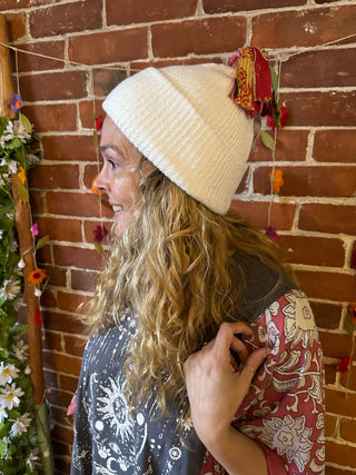 OOAK Autumn Collection - Kantha Tassel Pom Pom Beanies