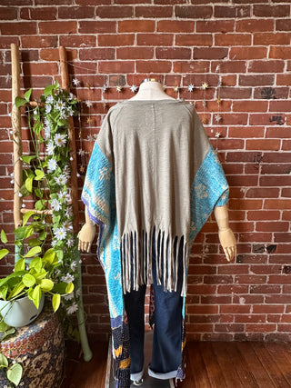 OOAK Autumn Collection- Upcycled Kantha Poncho Hi Lo Fringe Top