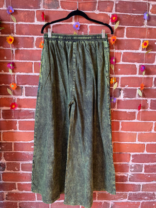 Embroidered Bohemian Spring Wide Leg Lounge Pants - Green 100% Cotton