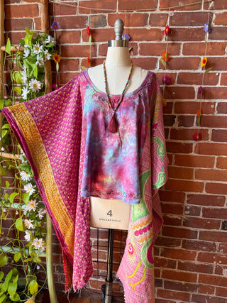 OOAK Autumn Collection- Upcycled Tie Dye Embroidered Hi Lo Kantha Poncho Top
