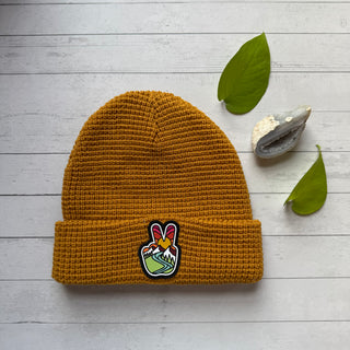 Rust- Waffle Knit Peace Sign Beanie Hat