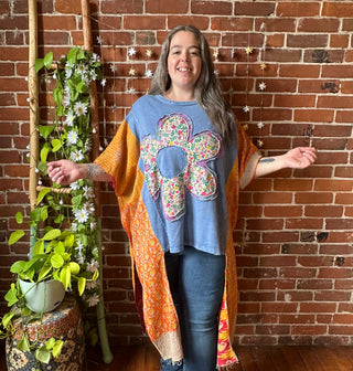 OOAK Autumn Collection - Upcycled Flower Patchwork Hi Lo Kantha Poncho Top 🌼