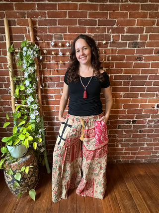Spring Blooms Reversible Kantha Wide Leg Tiered Palazzo Pants