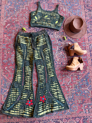 100% Cotton Green Forest Tie Dye Embroidered Bell Bottom Flare Pants
