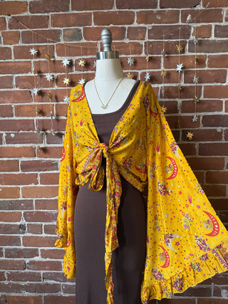 Golden Yellow Sun, Moon + Stars Celestial Cropped Bell Sleeve Wrap Top