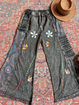 Embroidered Bohemian Spring Wide Leg Lounge Pants - Stone Gray 100% Cotton