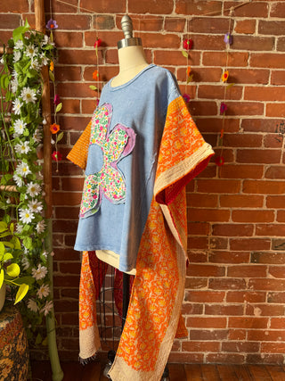 OOAK Autumn Collection - Upcycled Flower Patchwork Hi Lo Kantha Poncho Top 🌼