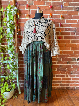 Boho Festival Patchwork Spin Skirt -Earthy Green with Plus Sizes!