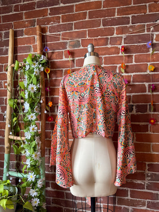 Size 0-4 Upcycled Sari Cropped Bell Sleeve Wrap Top