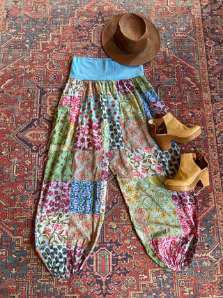 Size 14-22 Harem Yoga Foldover Waistband Patchwork Pants - Blue