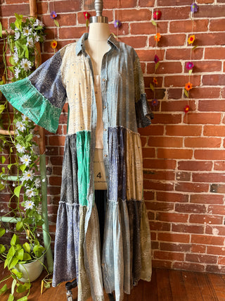 Stone Washed Boho Bandana Tiered Dress / Kimono  100% Cotton