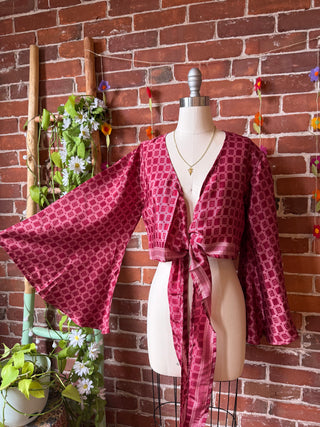 Size 0-4 Upcycled Sari Cropped Bell Sleeve Wrap Top