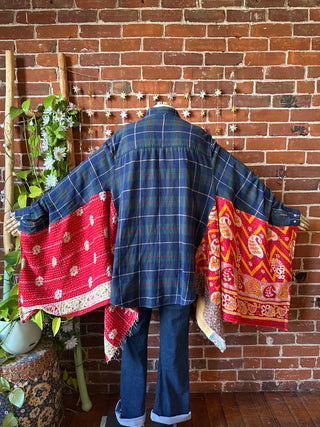 OOAK Autumn Collection- Birdsong Kantha + Plaid Button Up Wing Style Poncho Jacket