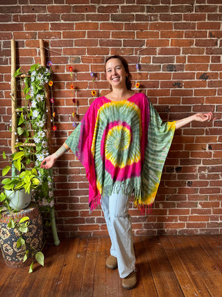 Spiral Vibrant Tones Tie Dye Fringe Poncho