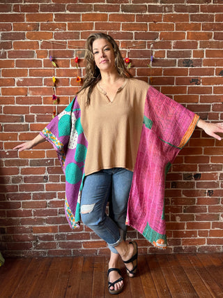 OOAK Autumn Collection - Upcycled Waffle Knit Kantha Poncho Hi Lo Top