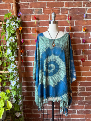 Spiral Ocean Tones Tie Dye Fringe Poncho