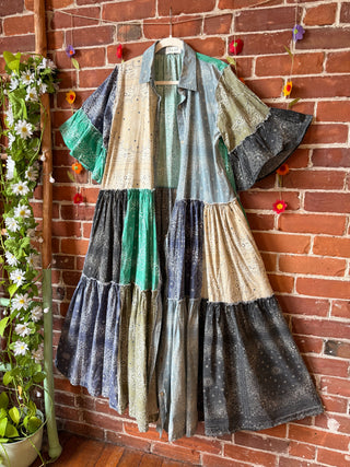 Stone Washed Boho Bandana Tiered Dress / Kimono  100% Cotton