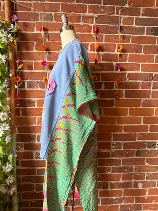 OOAK Autumn Collection - Upcycled Flower Patchwork Hi Lo Kantha Poncho Top 🌼