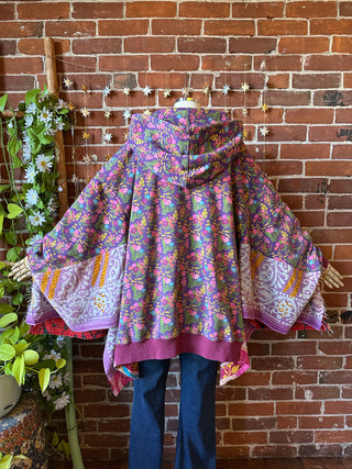 OOAK Autumn Collection- Birdsong Floral Wing Style Kantha Poncho Hoodie Jacket