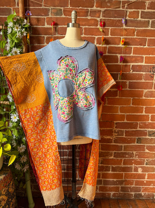 OOAK Autumn Collection - Upcycled Flower Patchwork Hi Lo Kantha Poncho Top 🌼