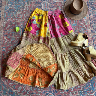 Spring Blooms Reversible Kantha Wide Leg Tiered Palazzo Pants