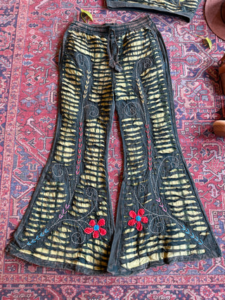 100% Cotton Green Forest Tie Dye Embroidered Bell Bottom Flare Pants