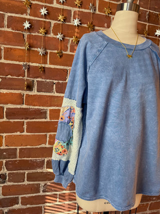 Flower Power Patchwork Floral Mineralwash Sweatshirt - Blue
