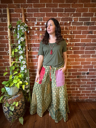 Spring Blooms Reversible Kantha Wide Leg Tiered Palazzo Pants