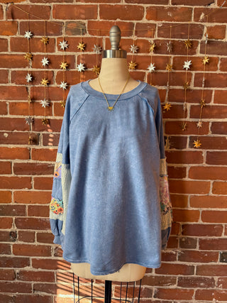 Flower Power Patchwork Floral Mineralwash Sweatshirt - Blue