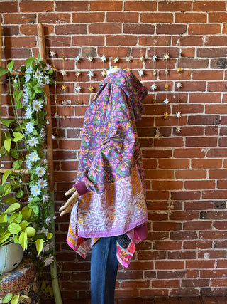 OOAK Autumn Collection- Birdsong Floral Wing Style Kantha Poncho Hoodie Jacket