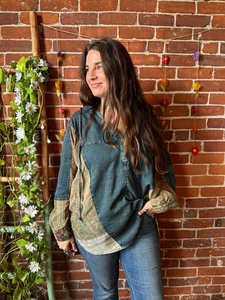 Oversized Moon Catcher Patchwork + Denim Hi Lo Hoodie
