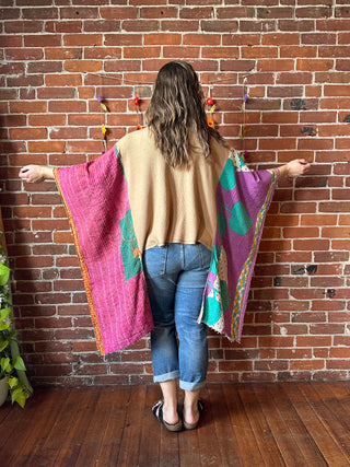 OOAK Autumn Collection - Upcycled Waffle Knit Kantha Poncho Hi Lo Top