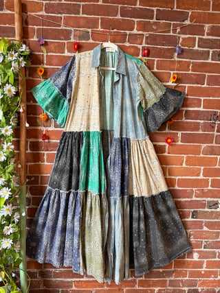 Stone Washed Boho Bandana Tiered Dress / Kimono  100% Cotton
