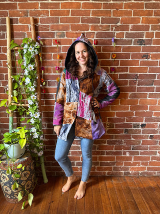 Autumn Stroll Tie Dye Fleece Lined Patchwork Hoodie Jacket