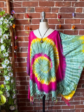 Spiral Vibrant Tones Tie Dye Fringe Poncho