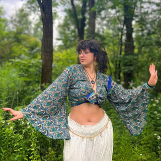 Size 0-4 Upcycled Sari Cropped Bell Sleeve Wrap Top