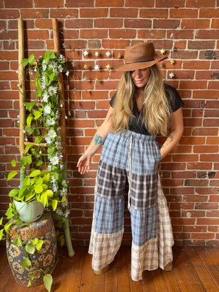 Autumn Stroll Plaid Patchwork Bohemian Wide Leg Pants