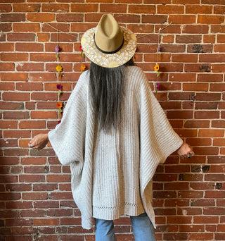 Oatmeal+Cream Chunky Knit Soft Poncho With Pockets