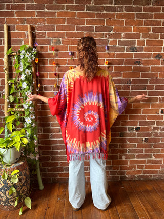 Spiral Sunset Tones Tie Dye Fringe Poncho