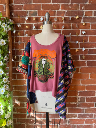 OOAK Autumn Collection- Upcycled Billy Strings Inspired Cropped Kantha Hi Lo Poncho Tee