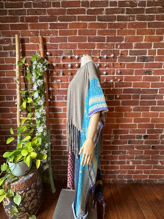 OOAK Autumn Collection- Upcycled Kantha Poncho Hi Lo Fringe Top