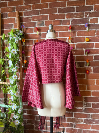 Size 0-4 Upcycled Sari Cropped Bell Sleeve Wrap Top