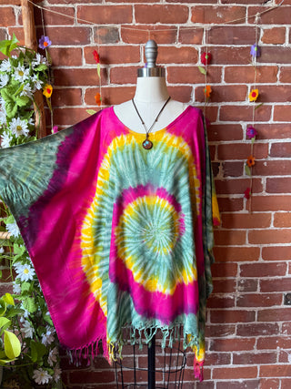 Spiral Vibrant Tones Tie Dye Fringe Poncho