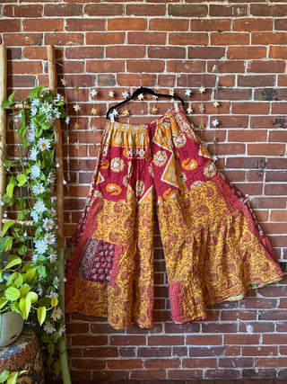 Plus Size Spring Blooms Reversible Kantha Wide Leg Tiered Palazzo Pants