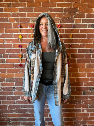 Freya Patchworked Button Up Hoodie Plaid Top