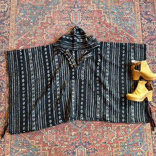 Black/White Brushed Woven 100% Cotton Hooded Poncho