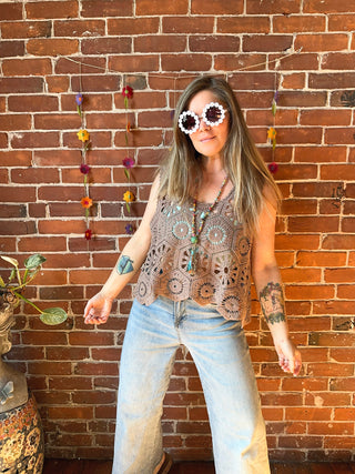 Boho Crochet Overlay Tank - Mocha