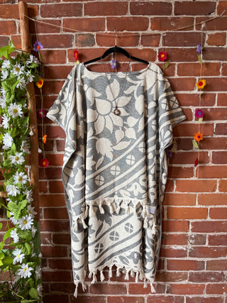 Gray Sky Fringe Hi Lo Poncho Reversible Tunic Top- 100% Cotton