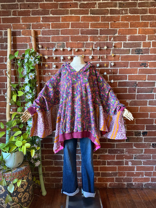 OOAK Autumn Collection- Birdsong Floral Wing Style Kantha Poncho Hoodie Jacket